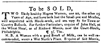 Ad for sale of slaves in the Pennsylvania Gazette